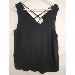 Ava & Viv Tank Top 2X Black Rayon Lattice Back Criss Cross Straps V-Neck Plus